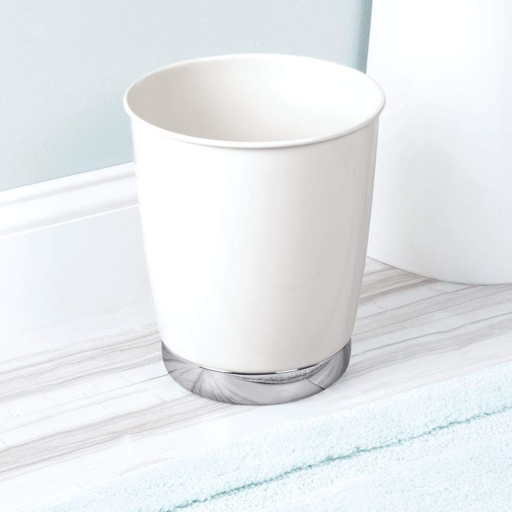image:imageiDesign York Wastebasket Metal Small Round Vintage Trash Can for Bathroom Bedroom Dorm College Office 85 x 85 x 975 White and Chrome  WhiteChrome For Bedroom Office Desk Kitchen Dorm