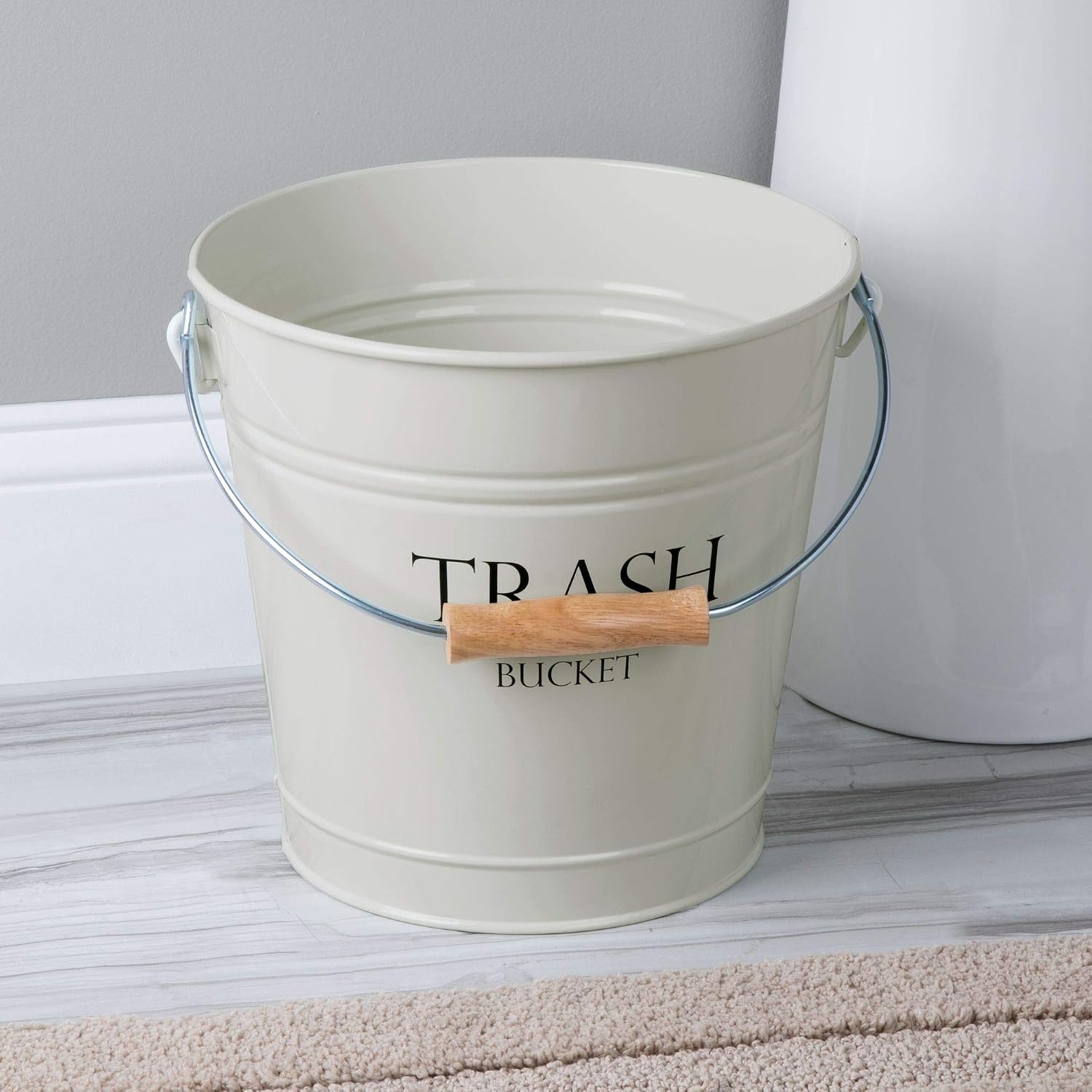 image:imageiDesign Metal Pail Trash Can for Bathroom Bedroom Home Office Dorm 1075 x 1075 x 105 White Finish with Vintage Black LetteringIvory