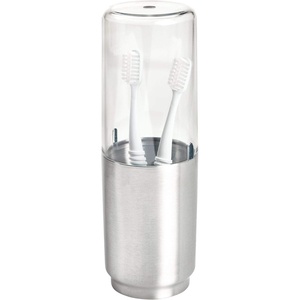 image:imageiDesign Austin Metal Covered Holder Stand Holds Regular and Electric Toothbrushes in Master Guest Kids College Dorm Bathroom Brushed  Holds Regular and Electric Toothbrushes for Bathroom or VanityClearBrushed