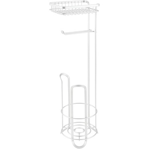 image:imageiDesign York Metal Free Standing Toilet Paper Tissue Holder with Shelf Roll Reserve Canister for Kids Guest Master Office Bathroom 64 x 812 x 24  Satin SilverMatte White